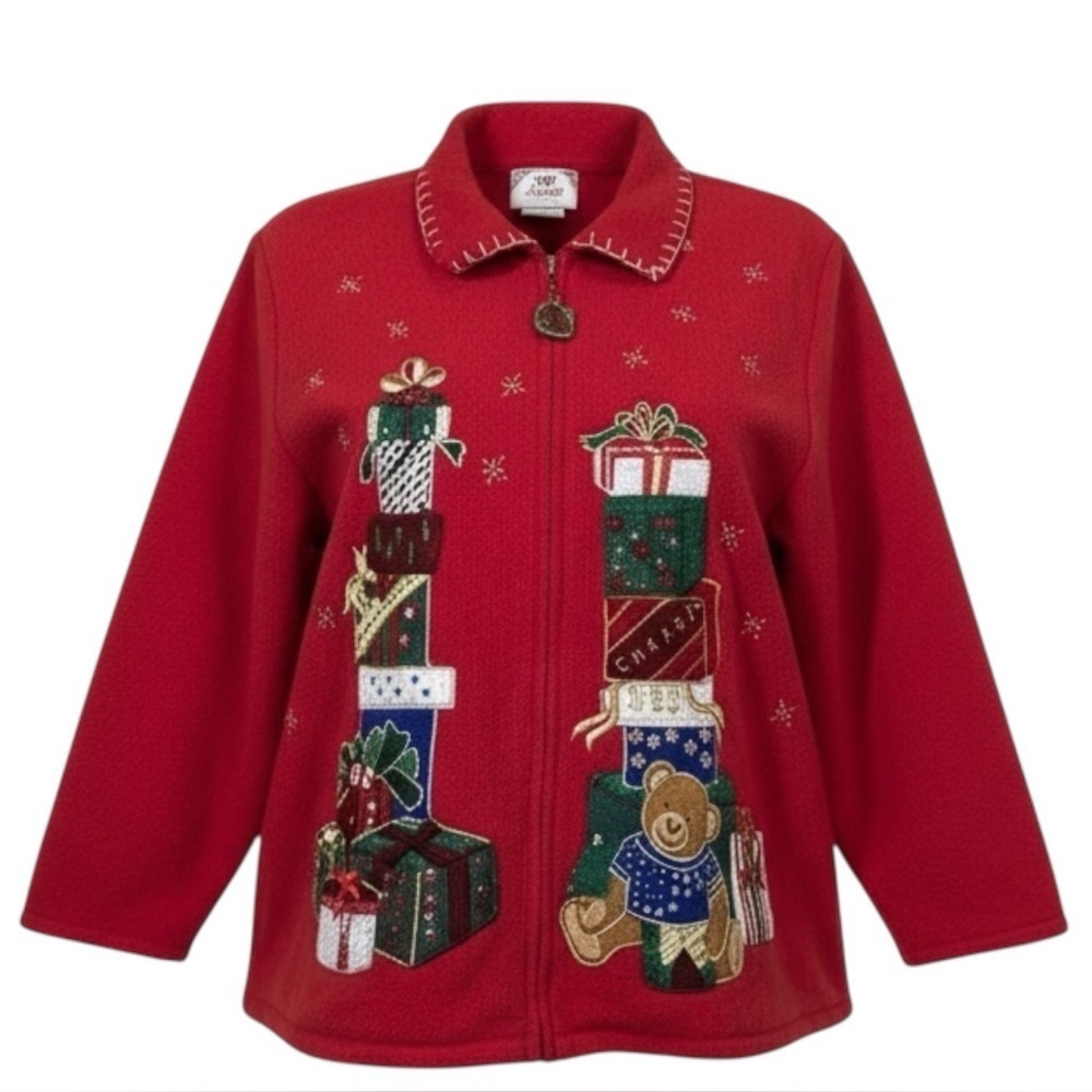 Vintage Tiara International Christmas Collection Zip Up Sweater Cardigan 2X